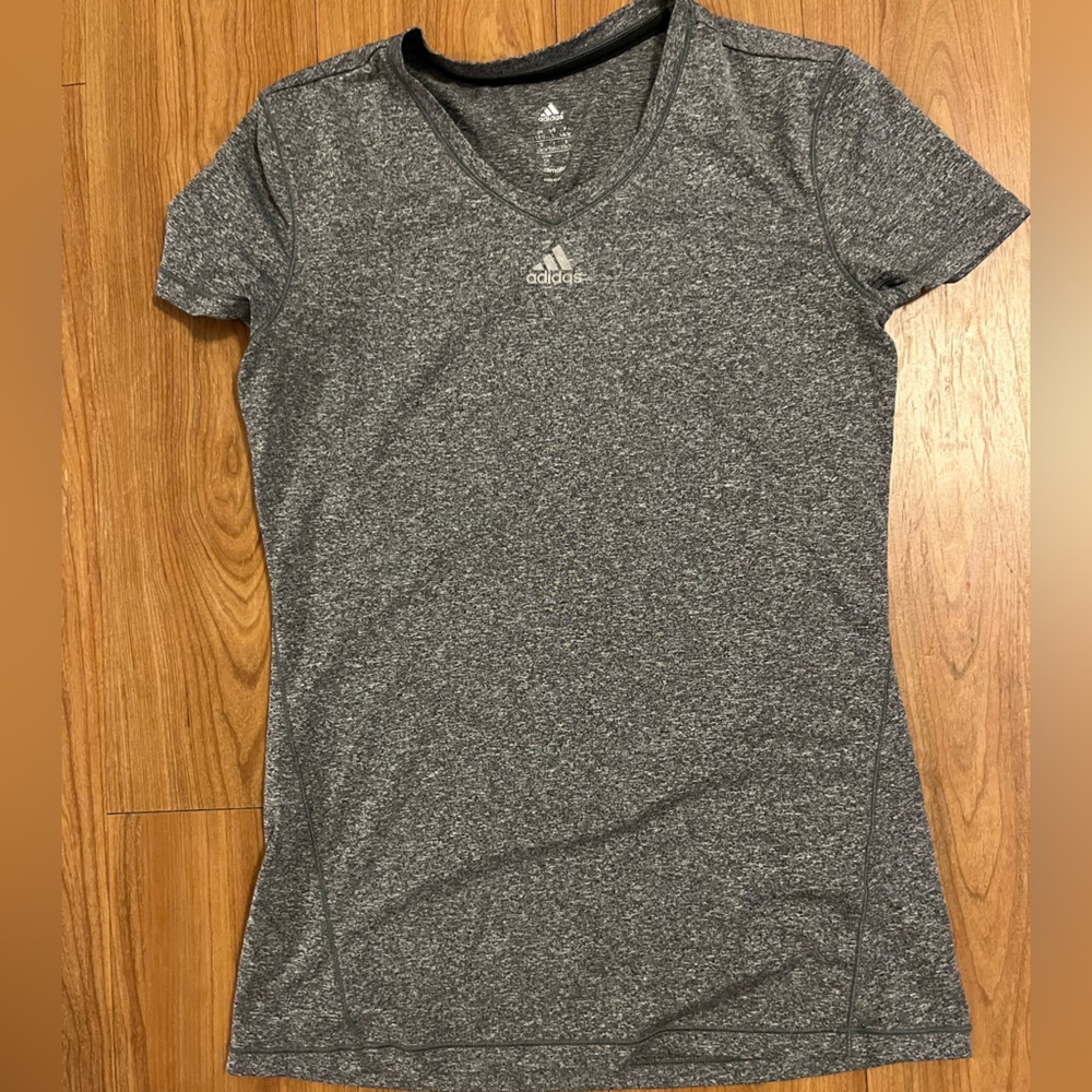 adidas Climalite V Neck Athletic Shirt Heather Gray Stretch Womens